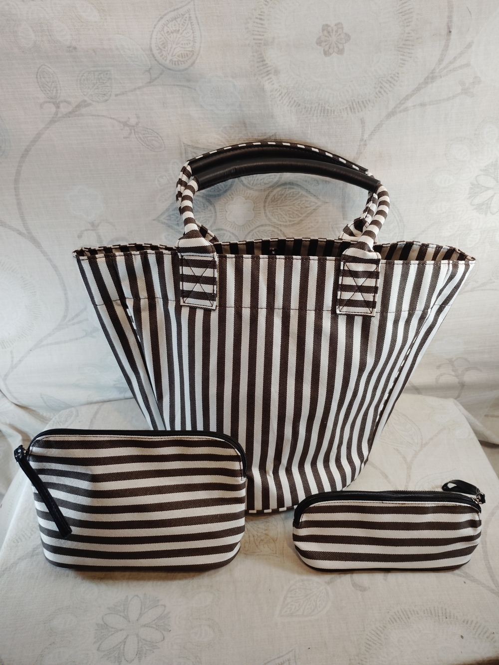 3pc Striped Black and White Tote Bag Set with Matching Pouches